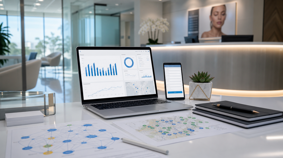 Laptop with analytics, phone form, keyword maps, and notebooks in a clinic reception workspace
