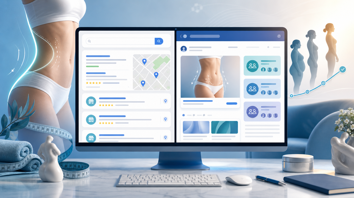 Split-screen medical marketing workspace with search results, local listings, ad panels, and contouring icons