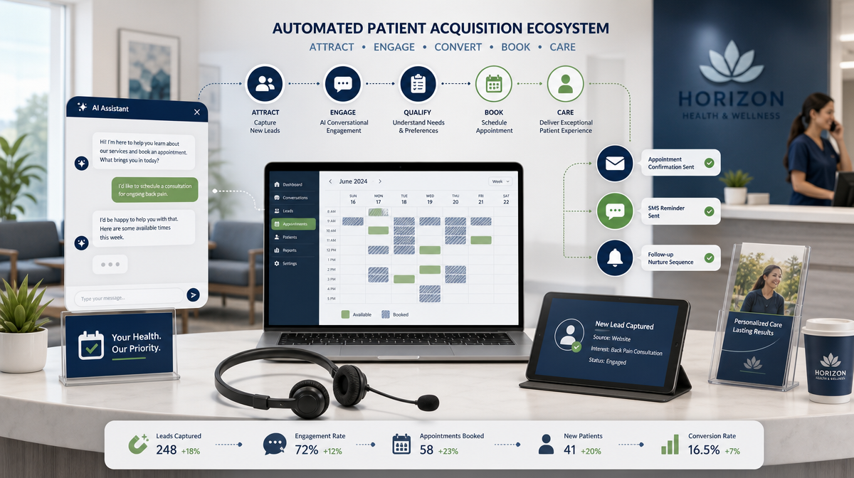 Front desk workflow with AI chat, calendar slots, notification icons, headset, and tablet