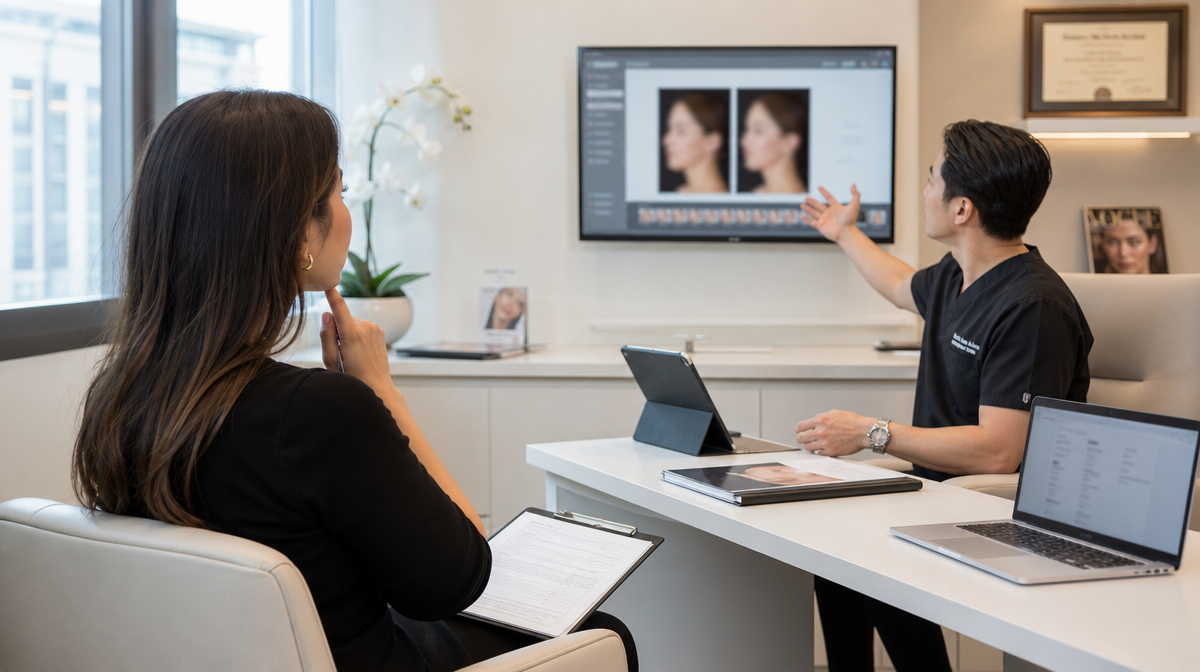 Patient reviews forms as a surgeon explains results in a consultation room with before-and-after monitor images.