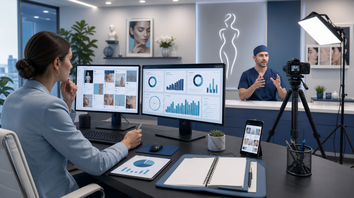 Marketing specialist reviews analytics while a surgeon films educational video in a cosmetic surgery office.