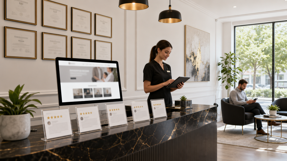 Staff update a tablet near certificates, review cards, and a website mockup in a bright clinic office.