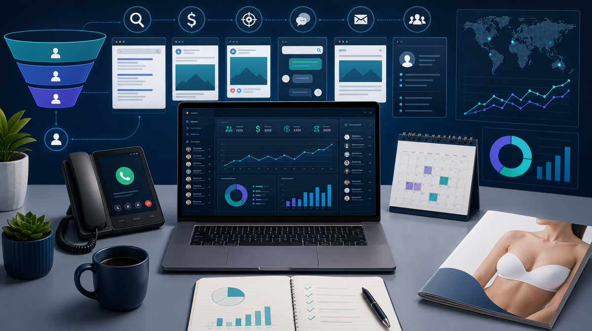 Desk with CRM laptop, call-tracking phone, and conversion charts for breast augmentation marketing performance tracking.