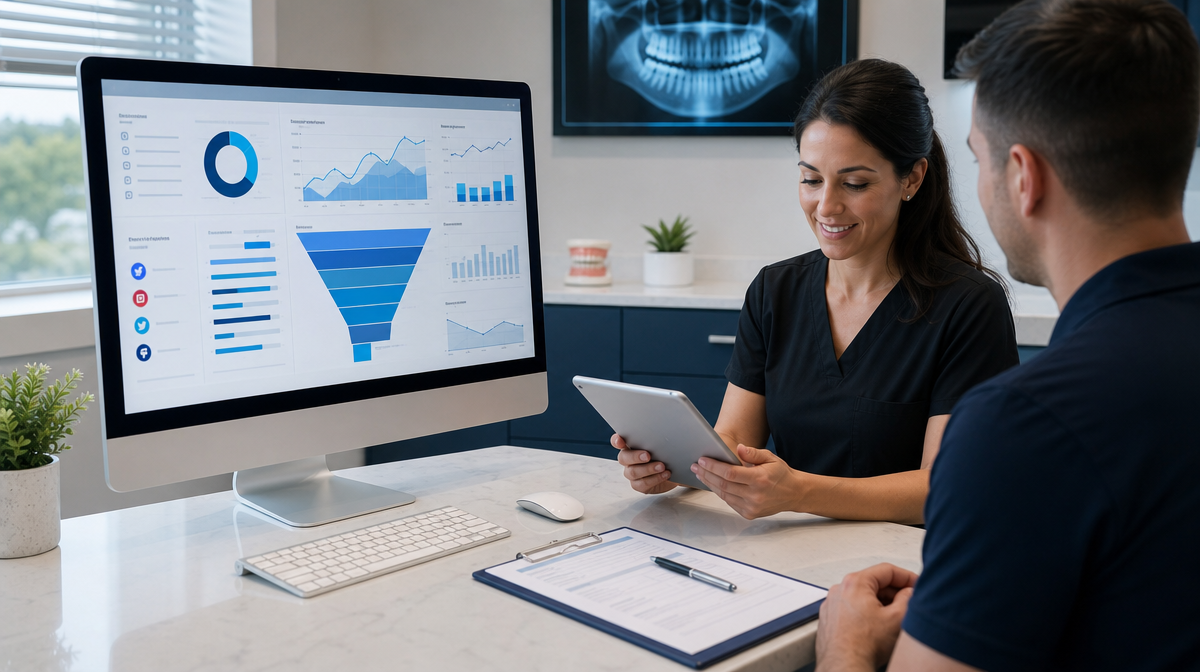Coordinator reviews analytics dashboard beside dental intake forms in a modern clinic