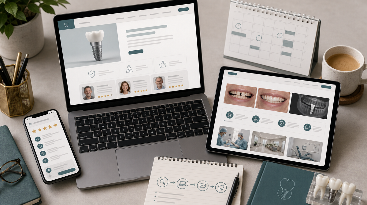 Laptop, phone, and tablet show review, finance, and before-after pages on a desk