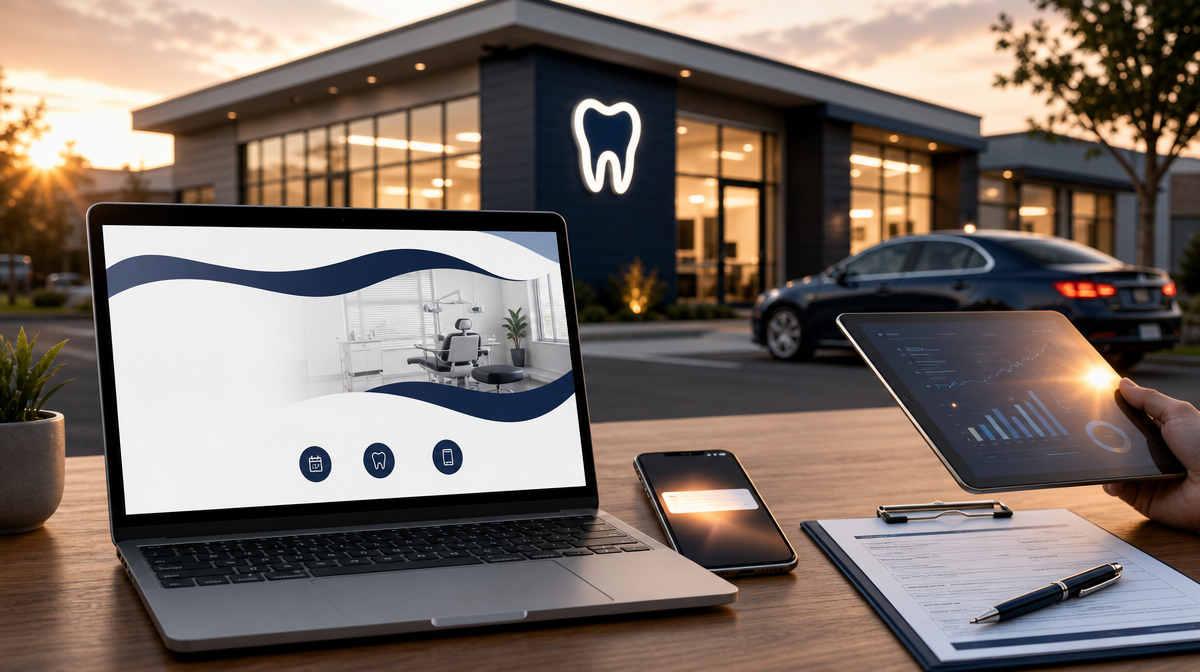 Dental practice exterior at sunset with laptop, phone glow, and clipboard in front