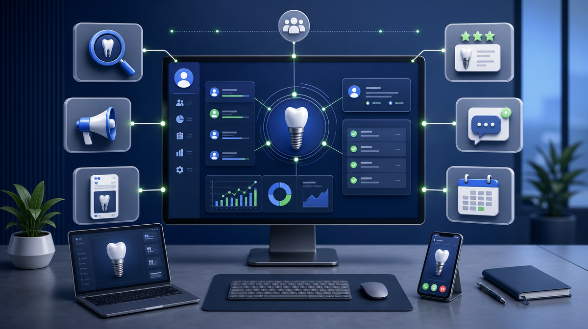 CRM hub connects search, ads, reviews, messages, and scheduling in a dental office