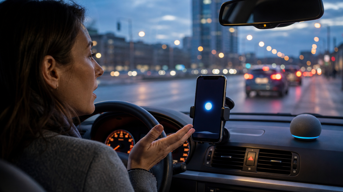 Driver speaks to a dashboard phone at dusk, with a glowing assistant device and blurred city traffic beyond.