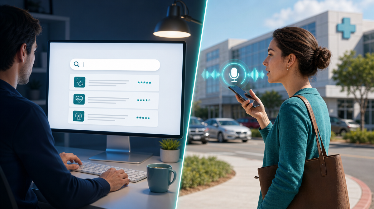 Split view of a desktop search and a woman speaking on a phone outside a clinic.
