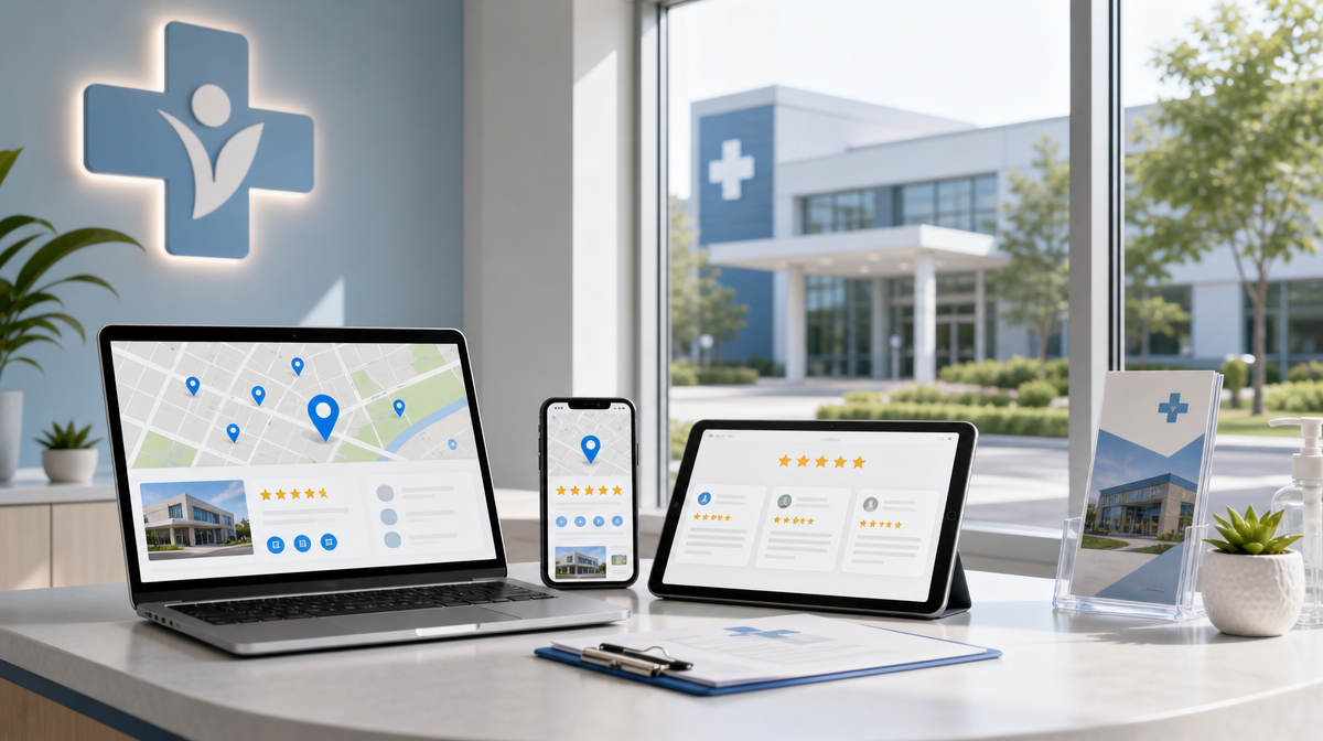 Clinic reception desk with laptop, phone, tablet, map pins, and star reviews beside a window to the building.