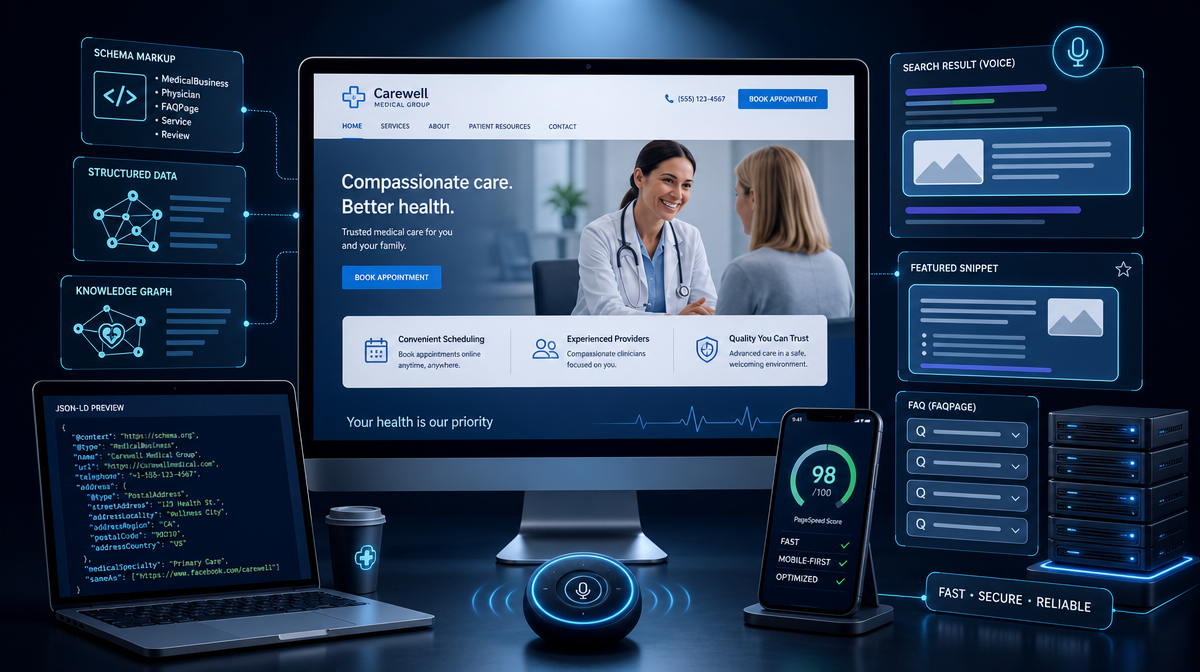 Clinic homepage mockup on a monitor with FAQ cards, data nodes, and a fast-loading phone beside it.