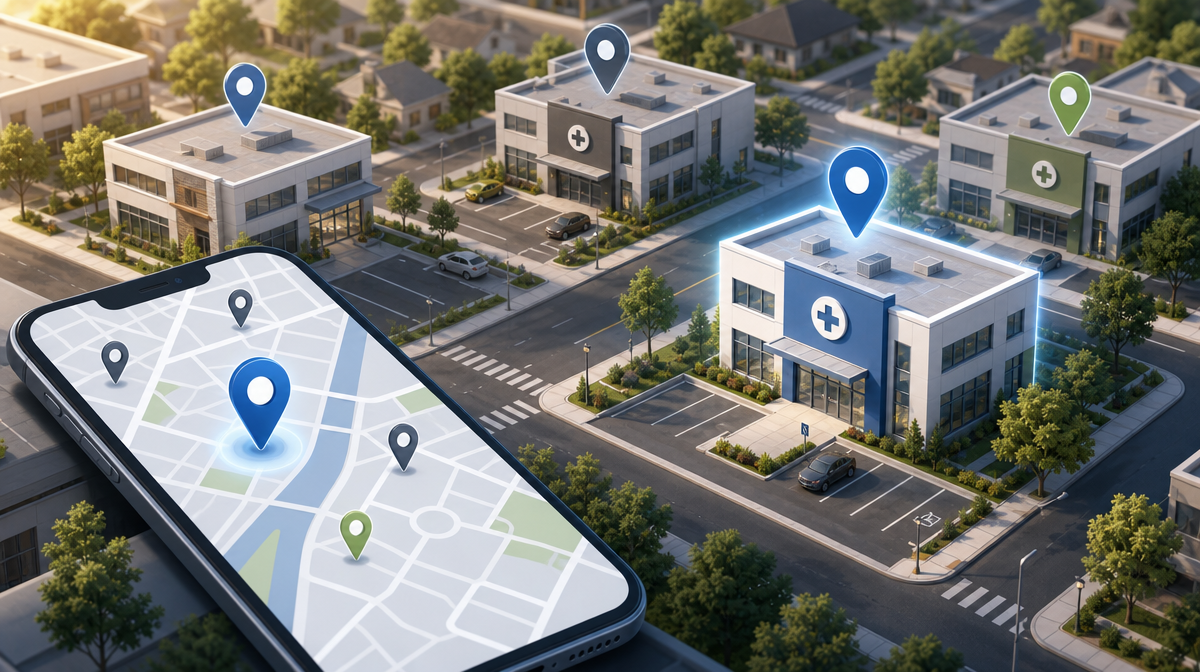 Overhead city block with medical clinics and a bright map marker highlighting one location