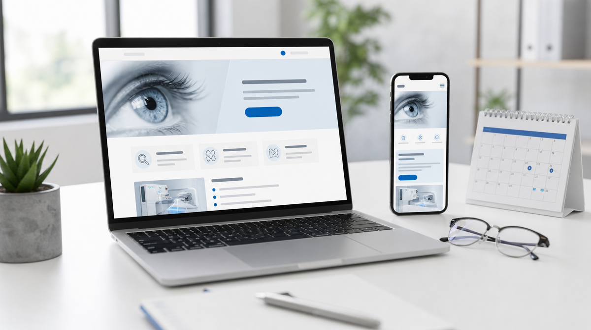 Laptop and smartphone show a responsive medical website on a white desk with eyeglasses and calendar