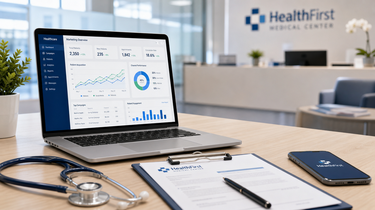 Healthcare desk with laptop analytics, stethoscope, clipboard, and phone in a modern clinic office