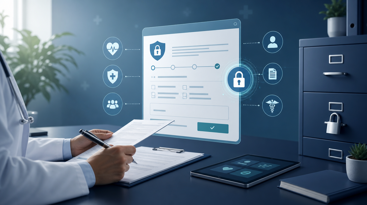 Hands review a secure digital form beside a locked file cabinet and tablet in a clinical office