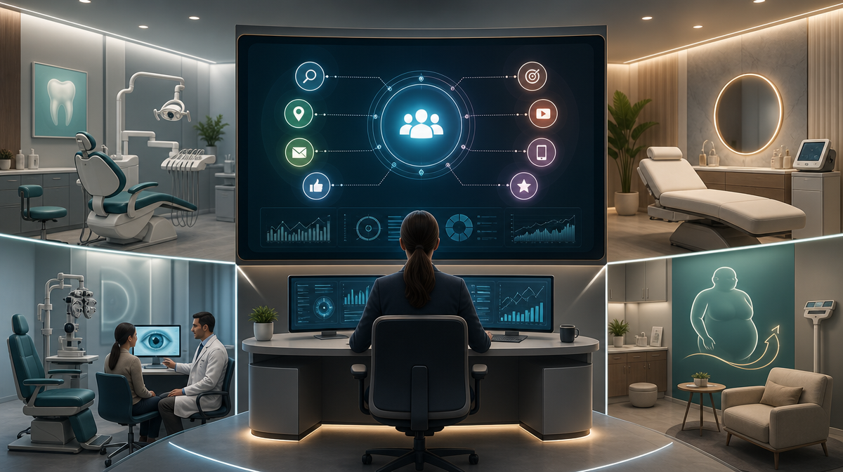 Central dashboard links dental, med spa, LASIK, and bariatric care rooms in a healthcare command center
