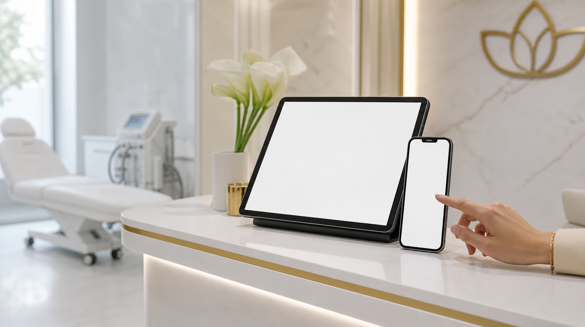 Hand reaches for a tablet and phone at a clinic desk, with a laser hair removal room softly in back.