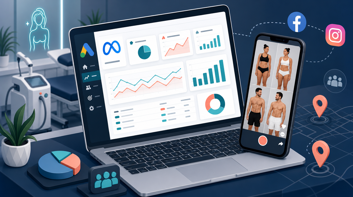 Clinic desk with laptop and phone, plus location and audience icons for laser hair removal ads.