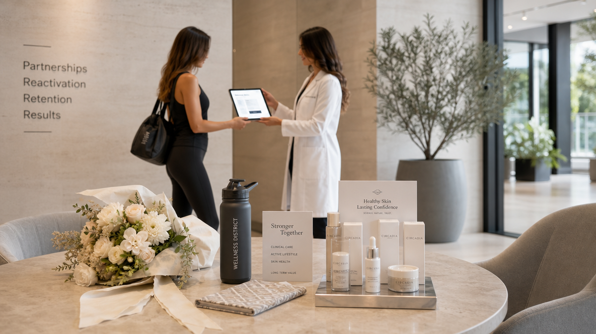 Clinician hands a tablet to a patient near a table with flowers, a water bottle, and skincare products.