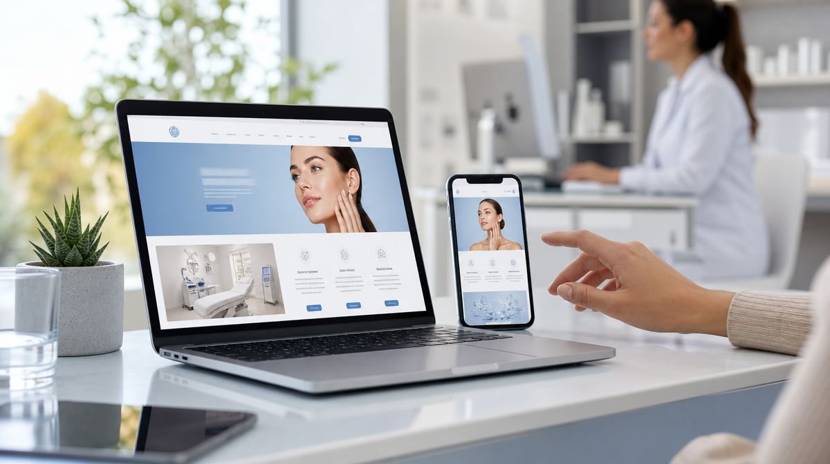 Dermatology clinic website on laptop and phone, with a hand near the booking area and clinician blurred behind