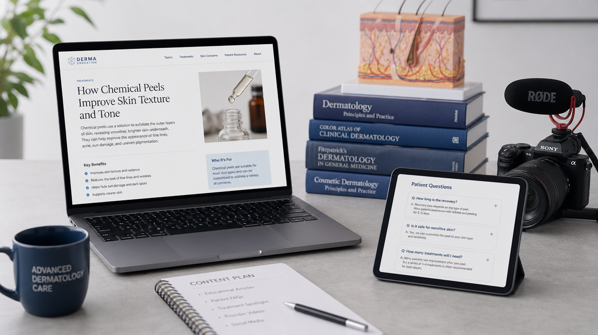 Dermatology marketing workspace with a medical article on a laptop, Q&A on a tablet, and camera gear beside it