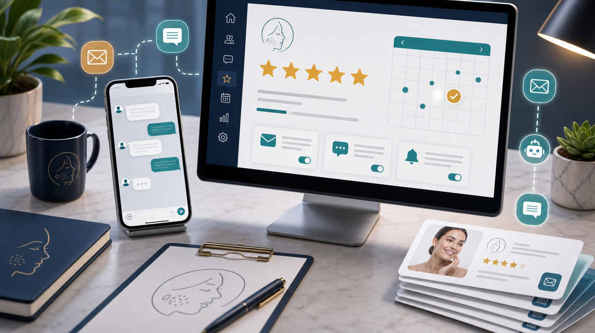 Office desk with message alerts on a phone, star reviews on a monitor, and a booking calendar beside follow-up cards
