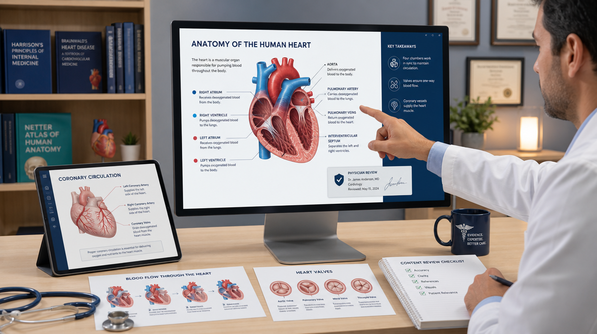 Physician reviews anatomy diagram on tablet beside charts and stethoscope in a medical content workspace