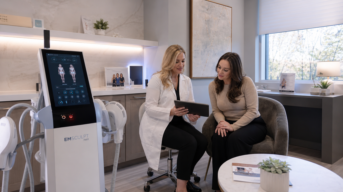 Clinician reviews a tablet with a patient beside an Emsculpt device in a modern spa consultation room.