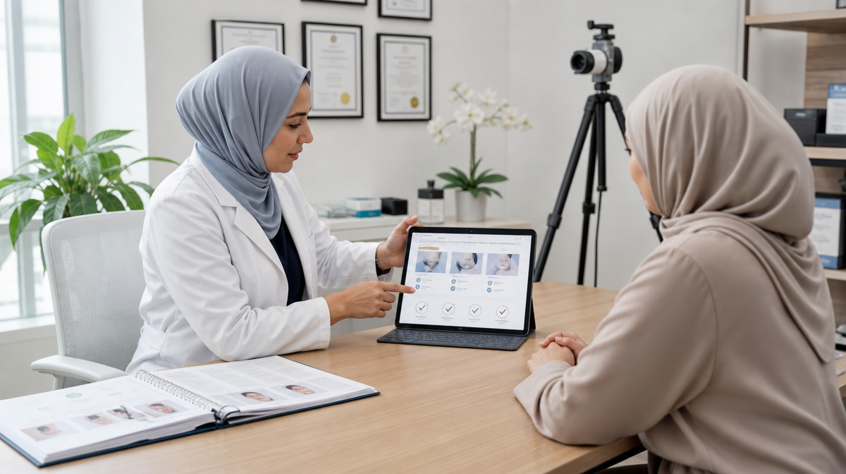 Doctor and patient review a website layout on a tablet in a consultation room