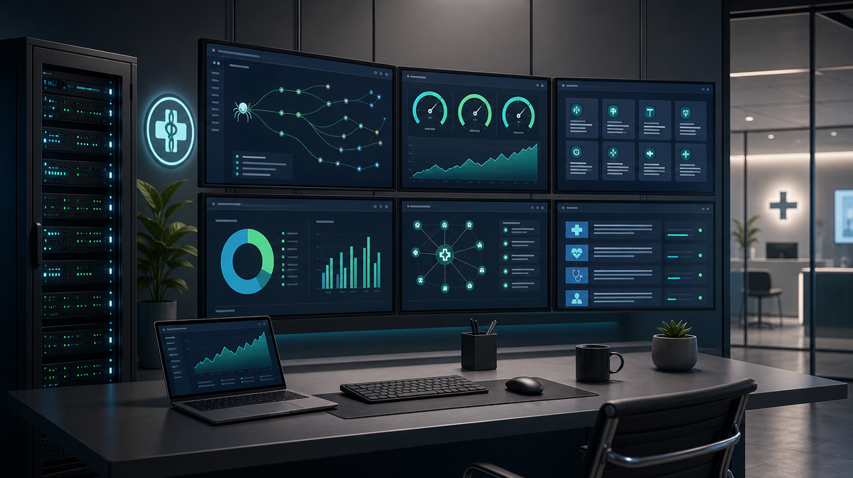 SEO control room with monitors showing crawl, mobile, and structured data metrics