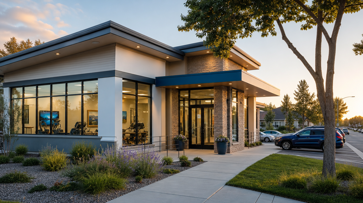 Modern physical therapy clinic exterior at golden hour with parked cars, trees, and lit windows.