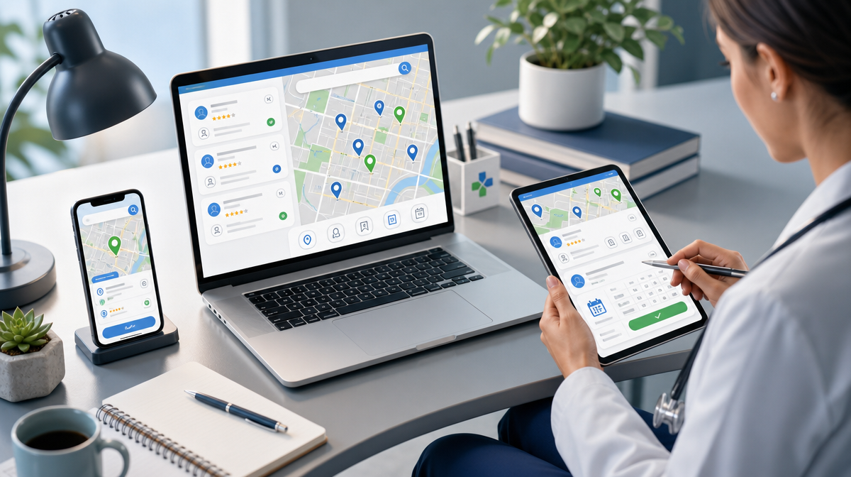 Clinician reviews local map search results on a tablet beside a laptop and smartphone.