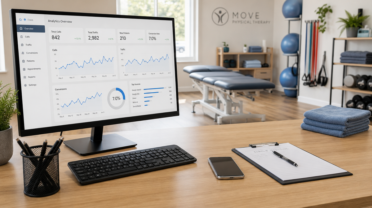 Therapy room workstation with analytics charts, scheduling dashboard, phone, and clipboard.