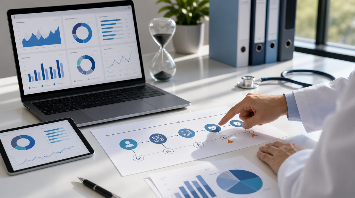 Clinician reviews analytics dashboards, a patient flow diagram, and hourglass on a clean medical desk.