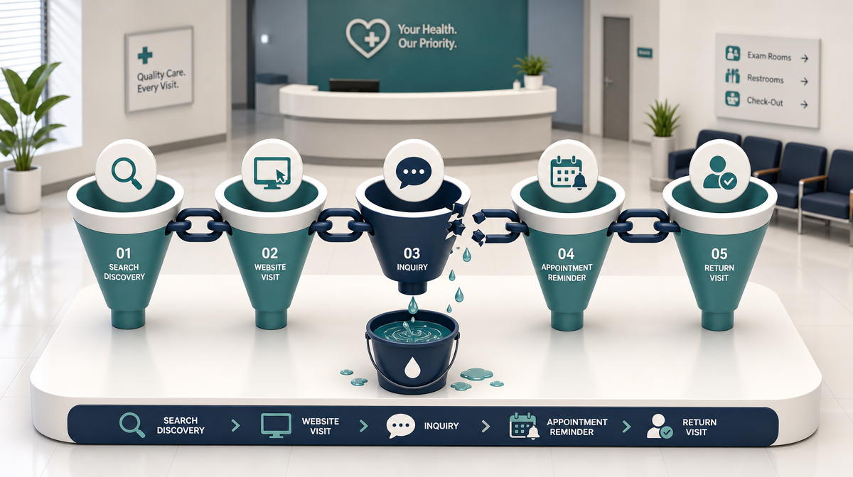 Five-stage patient funnel with one broken link and droplets escaping from a bucket-like stage.