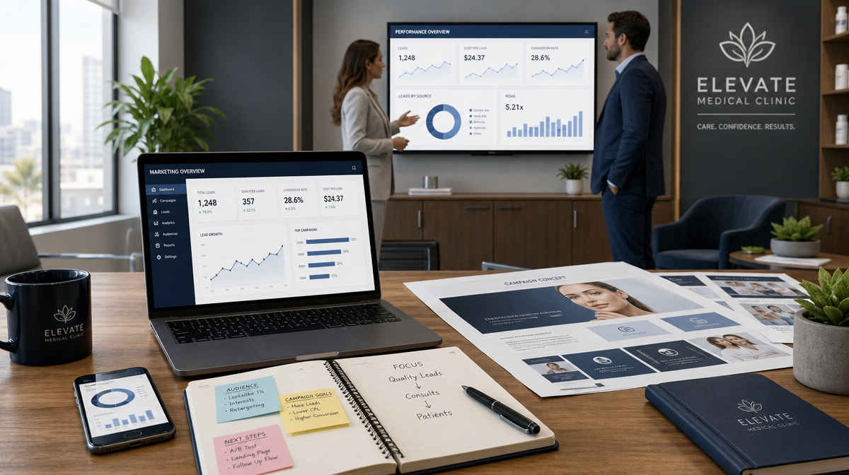 Marketing manager and clinic owner review campaign dashboards with laptop, phone, mockups, and planner.