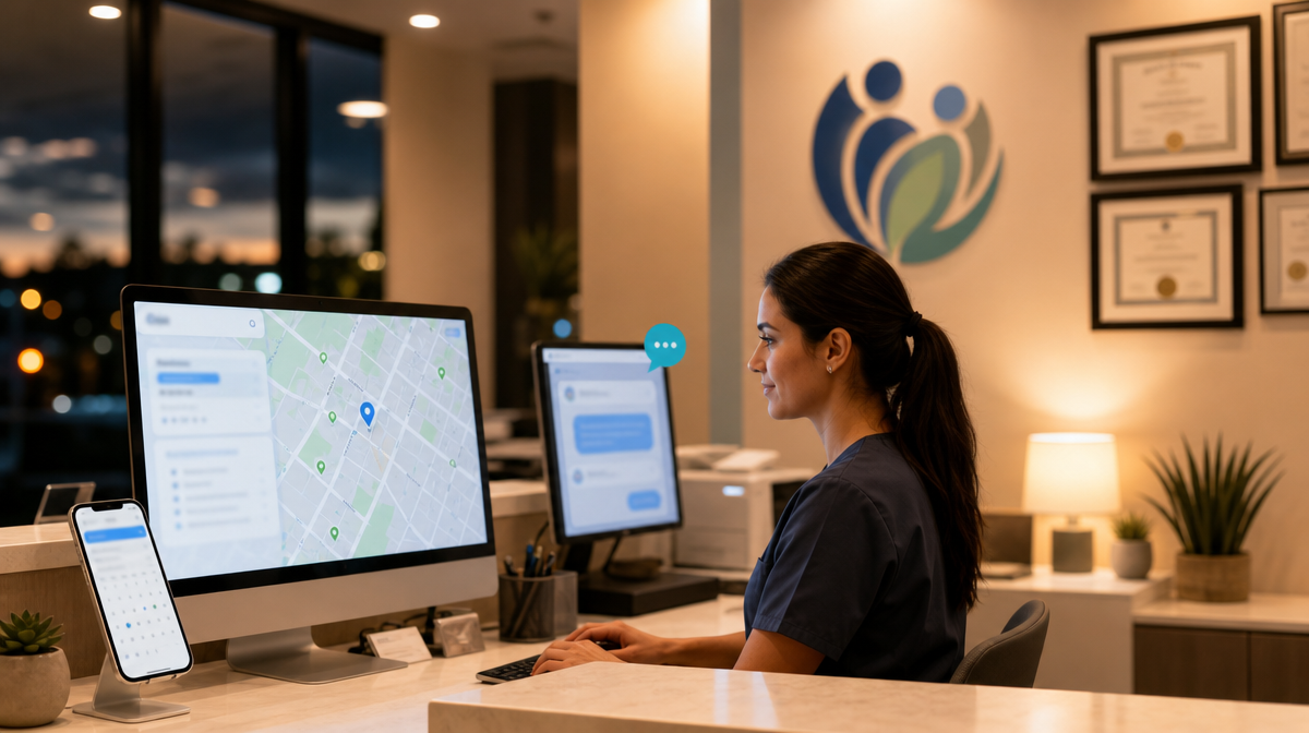 Reception desk with map screen, booking phone, and certificates, suggesting fast follow-up and 24/7 booking.