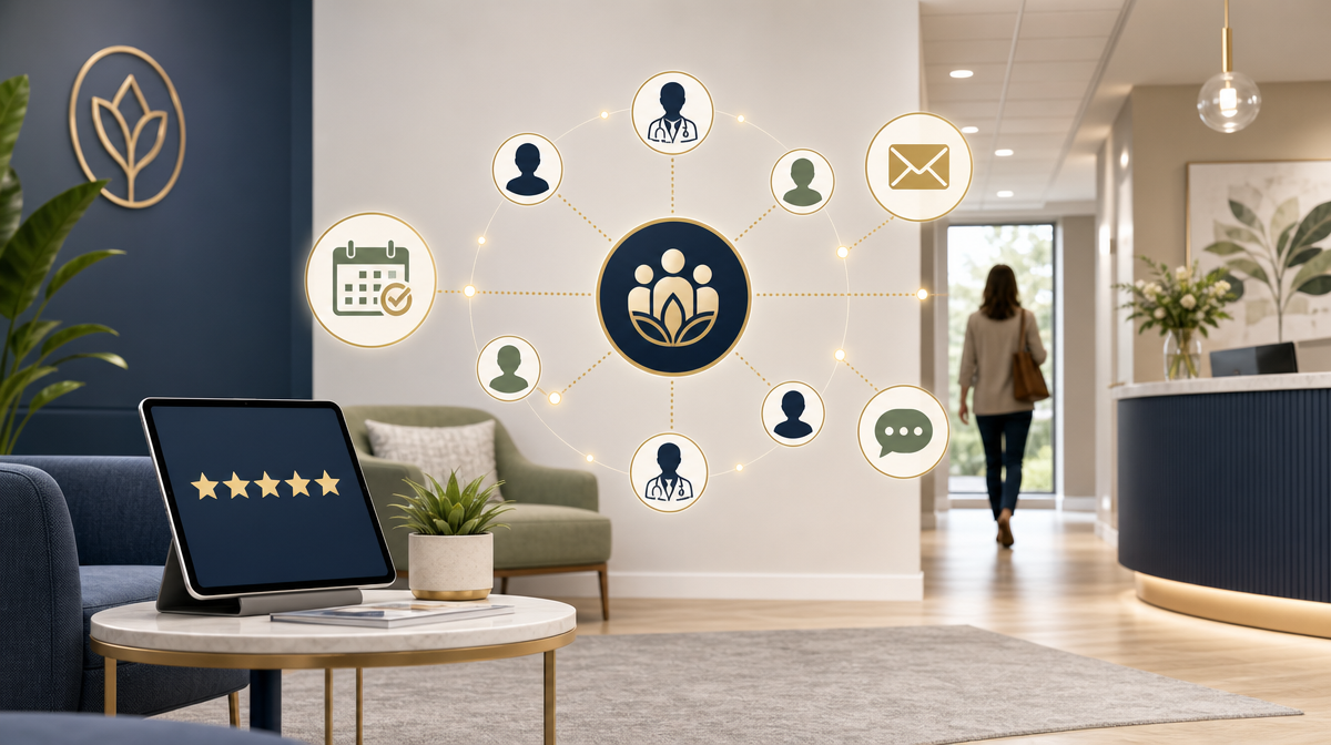 Clinic lobby with star ratings, reminder card, and connected patient icons showing referrals and retention.