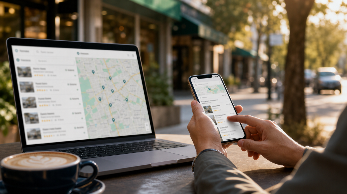 A person searches clinic results on a smartphone beside a laptop with map results at a cafe table.