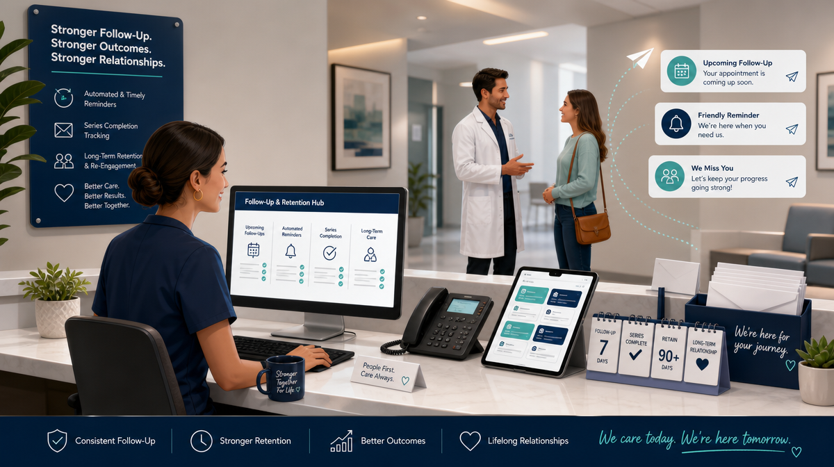 Receptionist manages follow-up appointments at a desk while a clinician talks with a patient in the hallway.