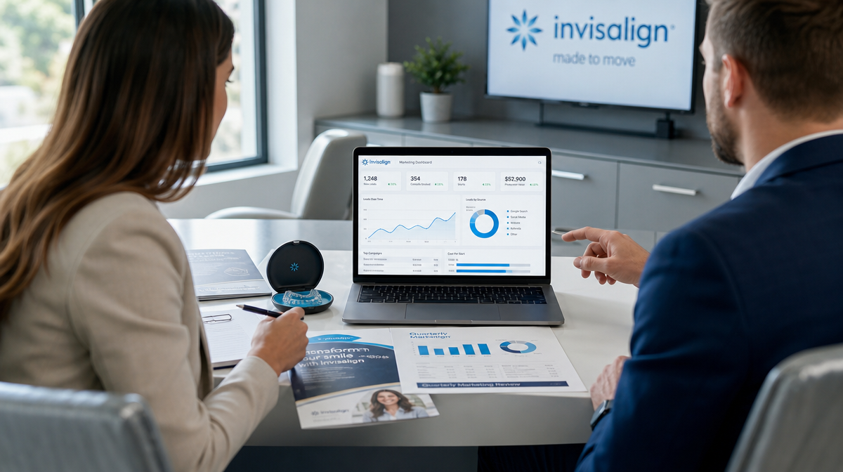 Dental team reviews laptop analytics and aligner case models at a modern desk.