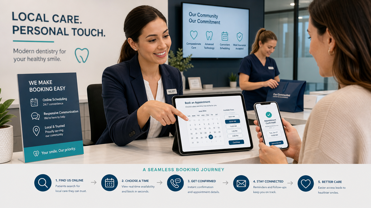 Receptionist schedules a patient visit on a tablet beside a phone and calendar.