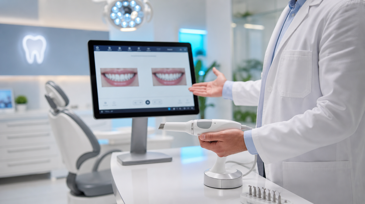 Clinician stands by an intraoral scanner and smile monitor in a dental treatment room.