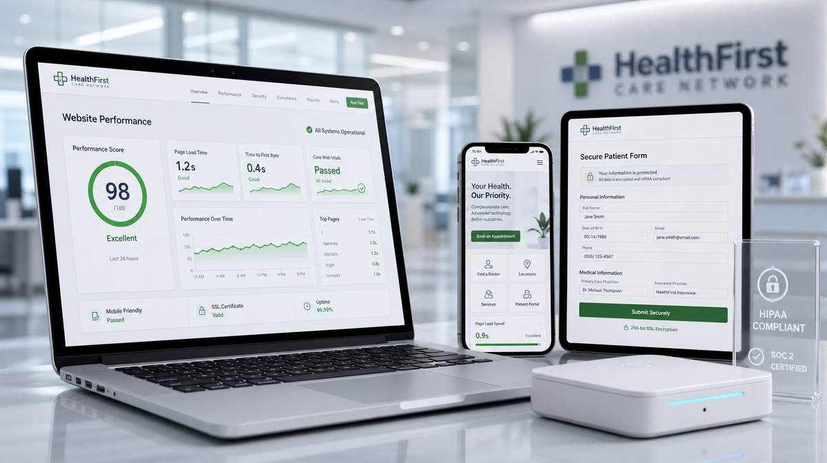 Laptop and phone show analytics and secure forms in a modern clinic office, signaling fast, compliant access