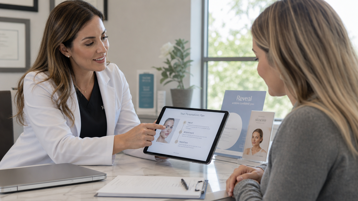 Clinician reviews a tablet with a seated patient in a bright medical spa consultation room.