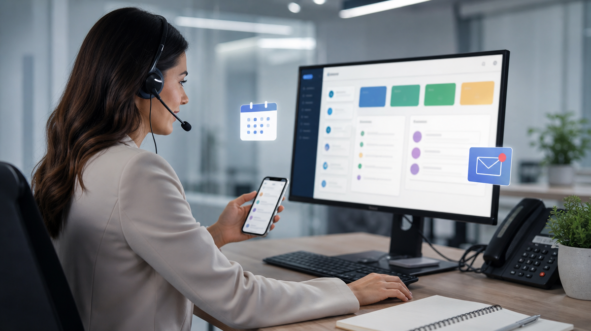 Coordinator answers patient inquiries on a computer and phone in a sleek office with CRM screens.