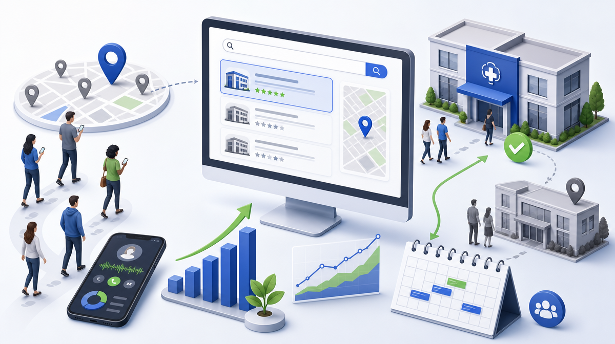 Monitor shows search results with location pins, patient calls, and booked appointments for one medical practice