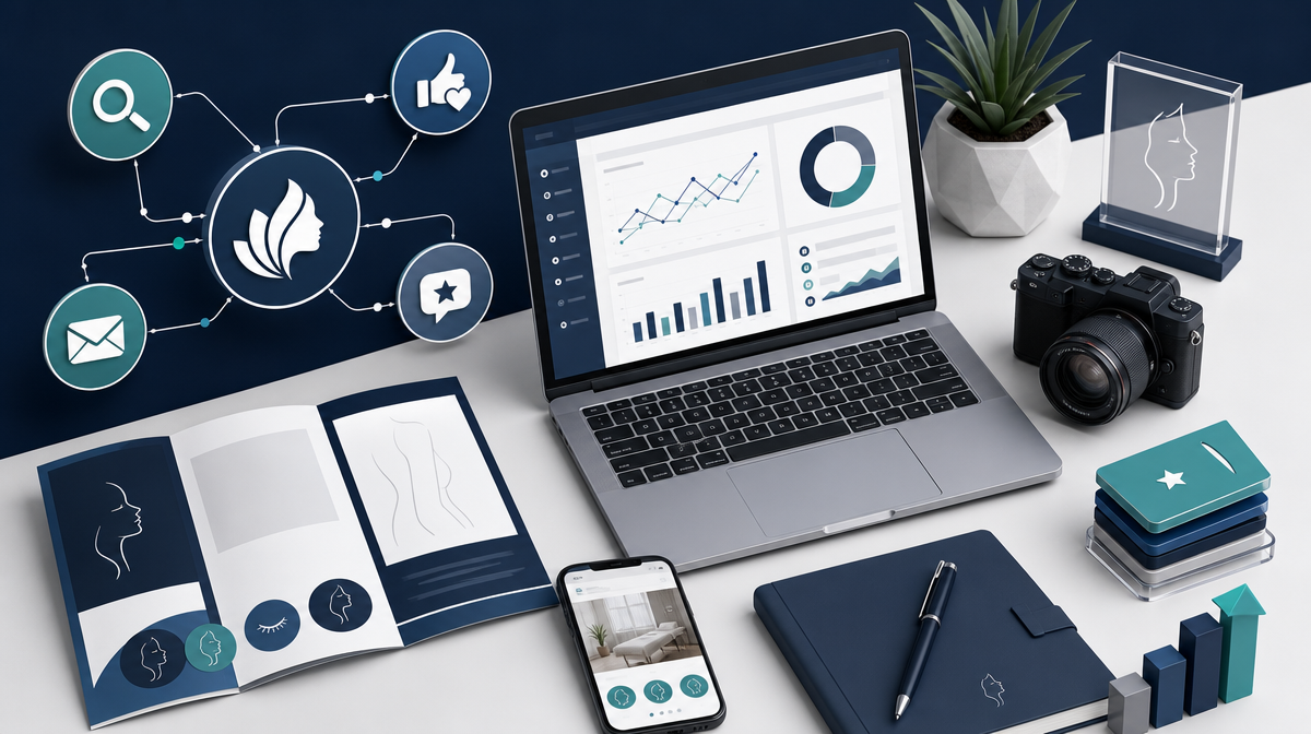 Desk with laptop, phone, camera, brochures, and analytics charts for medical aesthetics marketing.