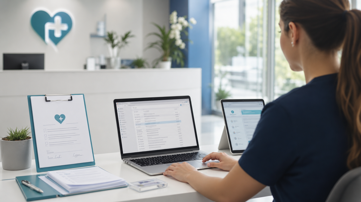 Coordinator at clinic desk with laptop, tablet, consent forms, and inbox screen