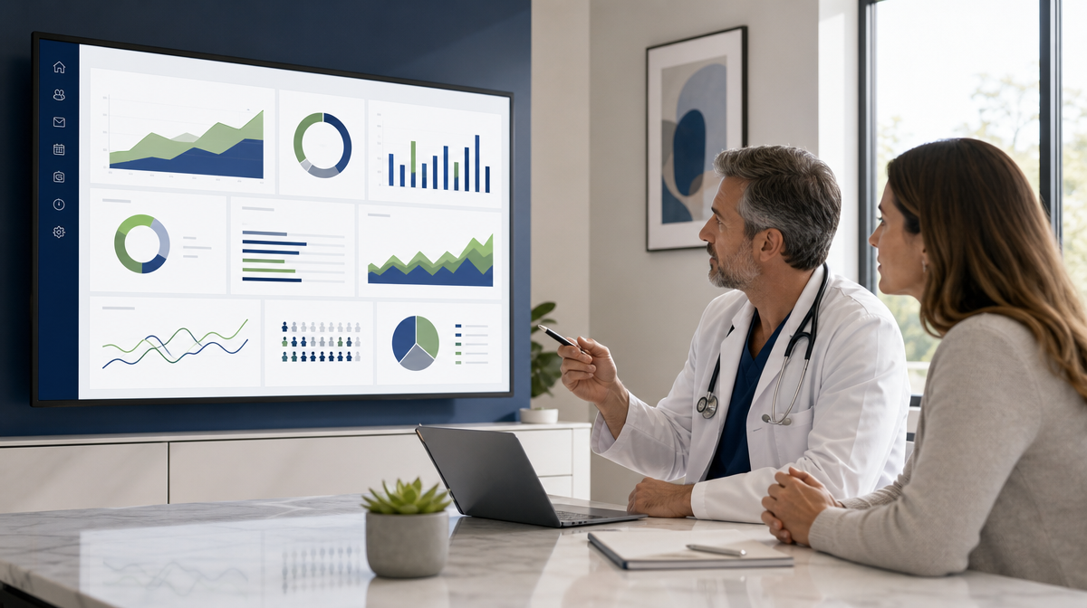 Physician and manager review a healthcare marketing dashboard on a conference room monitor